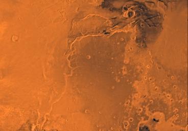 Mars digital-image mosaic merged with color of the MC-10 quadrangle, Lanae Palus region of Mars. This image is from NASA's Viking Orbiter 1.