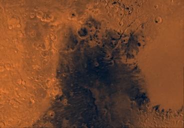 Mars digital-image mosaic merged with color of the MC-13 quadrangle, Syrtis Major region of Mars. This image is from NASA's Viking Orbiter 1.