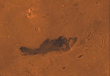 Mars digital-image mosaic merged with color of the MC-15 quadrangle, Elysium region of Mars. This image is from NASA's Viking Orbiter 1.