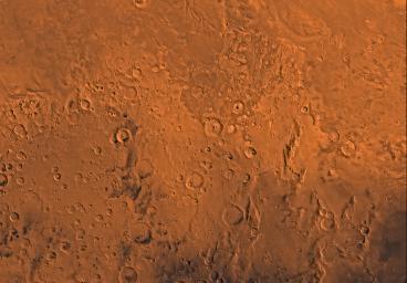 Mars digital-image mosaic merged with color of the MC-16 quadrangle, Memnonia region of Mars. This image is from NASA's Viking Orbiter 1.