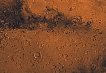 Mars digital-image mosaic merged with color of the MC-20 quadrangle, Sinus Sabeus region of Mars. This image is from NASA's Viking Orbiter 1.
