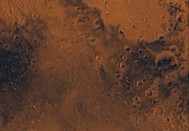 Mars digital-image mosaic merged with color of the MC-22 quadrangle, Mare Tyrrhenum region of Mars. This image is from NASA's Viking Orbiter 1.