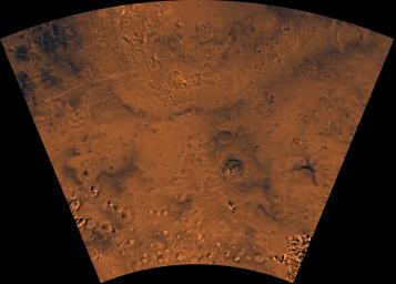 Mars digital-image mosaic merged with color of the MC-25 quadrangle, Thaumasia region of Mars. This image is from NASA's Viking Orbiter 1.