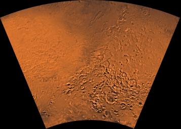 Mars digital-image mosaic merged with color of the MC-28 quadrangle, Hellas region of Mars. This image is from NASA's Viking Orbiter 1.
