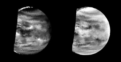 These images are two versions of a near-infrared map of lower-level clouds on the night side of Venus, obtained by the Near Infrared Mapping Spectrometer aboard NASA's Galileo spacecraft as it approached the planet February 10, 1990.