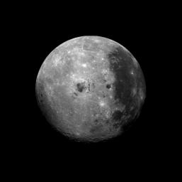 This image of the moon was obtained by the Galileo Solid State imaging system on Dec. 8 at 7 p.m. PST as NASA's Galileo spacecraft passed the Earth and was able to view the lunar surface from a vantage point not possible from the Earth.