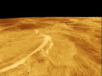 This computer-generated perspective view of Latona Corona and Dali Chasma on Venus shows NASA's Magellan radar data superimposed on topography. 