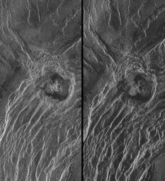 This is a stereo image pair of crater Goeppert-Mayer obtained by NASA's Magellan radar mapping mission.
 