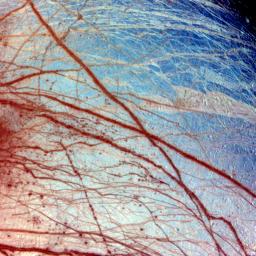 False color has been used here to enhance the visibility of certain features in this composite of three images of the Minos Linea region on Jupiter's moon Europa taken on 28 June 1996 by NASA's Galileo spacecraft.