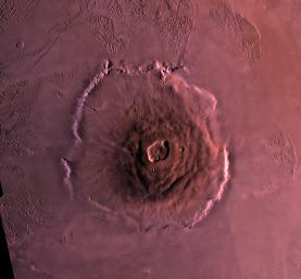 Shown here is a digital mosaic of Olympus Mons, the largest known volcano in the Solar System, as seen by NASA's Viking Orbiter 1. Much of the plains surrounding the volcano are covered by the ridged and grooved 'aureole' of Olympus Mons.