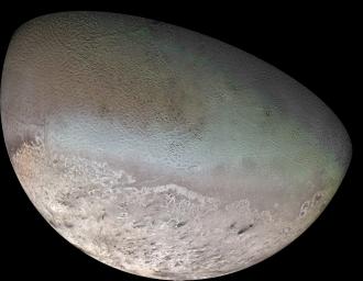 This global color mosaic of Triton, taken in 1989 by NASA's Voyager 2 shows Triton, the largest satellite of Neptune. Triton has the coldest surface known anywhere in the solar system; it is so cold that most of Triton's nitrogen is condensed as frost.