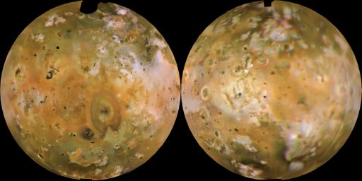 NASA's Voyager 1 computer color mosaics, shown in approximately natural color and in Lambertian equal-area projections, show the Eastern (left) and Western (right) hemispheres of Io.