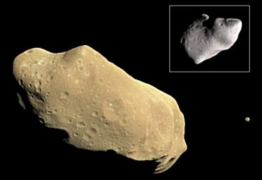 During its examination of the asteroid Ida, NASA's Galileo spacecraft returned images of a second object, Dactyl--the first confirmed satellite or moon of an asteroid; the much smaller moon is visible to the right of Ida.