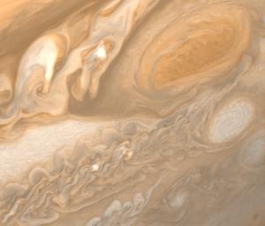 This photo of Jupiter was taken by NASA's Voyager 1 on March 1, 1979. The photo shows Jupiter's Great Red Spot (upper right) and the turbulent region immediately to the west.