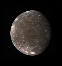 This color photo of Jupiter's satellite Callisto was made from three black-and-white images taken by NASA's Voyager March 5, 1979 from a distance of 746,000 miles (1.2 million kilometers). 