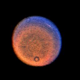 This false-color picture of Uranus, obtained by NASA's Voyager on Jan. 14, 1986, shows a discrete cloud seen as a bright streak near the planet's limb.