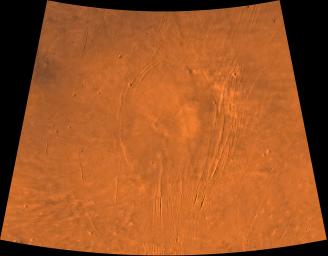 The Alba Patera region of Mars; north toward top. This scene shows a central circular depression surrounded by splays of fractures, named Alba Fossae and Tantalus Fossae, as seen by NASA's Viking spacecraft.