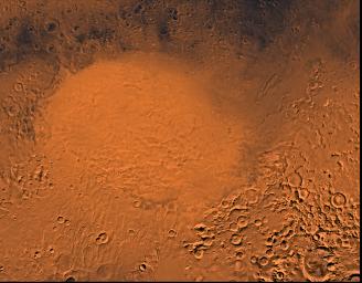 A color image fro NASA's Viking Orbiter of the Hellas Planitia region of Mars; north toward top. The scene shows the Hellas plain within the 1,800- km-diameter Hellas basin, an ancient impact basin.