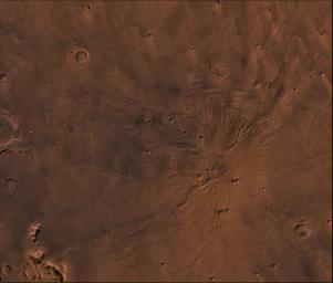 Tyrrhena Patera Region of Mars. Theis scene shows a central circular depression surrounded by circular fractures and highly dissected horizontal sheets, as seen by NASA's Viking spacecraft.