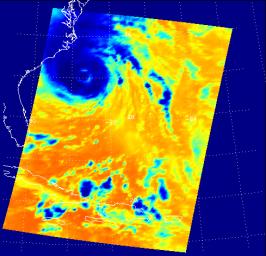 This false-color image shows Hurricane Isabel viewed by the AIRS and AMSU-A instruments at 1:30 EDT in the morning of Thursday September 18, 2003.