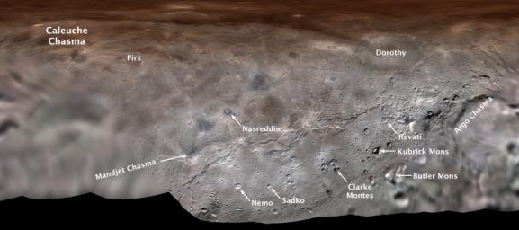 This annotated map projection from NASA's New Horizons spacecraft shows Charon, the largest of Pluto's five moons, annotated with its first set of official feature names.