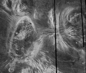 This mosaic of NASA's Magellan data in the Fortuna region of Venus. Shown here are Bahet Corona on the left, Onatah Corona on the right. Coronae are thought to form due to the upwelling of hot material from deep in the interior of Venus.