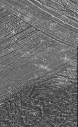 NASA's Galileo spacecraft obtained this image on Sept.6, 1996, showing part of the surface of Jupiter's moon Ganymede, where new terrain overlays older terrain.