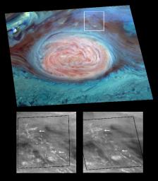 Scientists spotted what appear to be thunderheads on Jupiter bright white cumulus clouds similar to those that bring thunderstorms on Earth, at the outer edges of Jupiter's Great Red Spot. The photos were taken by NASA's Galileo orbiter on June 26, 1996.