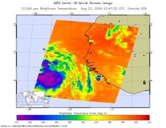This infrared image show Tropical Depression Debbie in the Atlantic, from the Atmospheric Infrared Sounder (AIRS) on NASA's Aqua satellite on August 22, 2006.