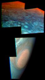 These two views of Jupiter obtained by NASA's Galileo spacecraft show evidence of strikingly different stratospheric hazes between the polar regions and low or mid latitudes. The Great Red Spot shows in one mosaic taken on June 26, 1996.