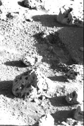 A shallow 12-inch-long trench was dug by Viking 2's surface sampler scoop on Sept. 12, 1976 on Mars. 