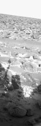 NASA's Viking Lander 2 picture from Utopia Planitia shows the first clear indication of frost accumulation on the Martian surface seen by lander cameras. The season is late winter, Sept. 13, 1977.