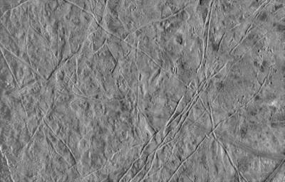 This image of Europa, an icy satellite of Jupiter, was obtained from a range of 39028 miles (62089 kilometers) by NASA's Galileo spacecraft during its fourth orbit around Jupiter and its first close pass of Europa.