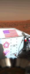 The flag of the United States with the rocky Martian surface in the background is seen in this color picture taken on the sixth day of NASA's Viking Lander 1 on Mars on July 26, 1997.