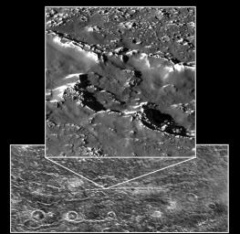 A portion of a chain of impact craters on Jupiter's moon Callisto is seen in this image taken by NASA's Galileo spacecraft on November 4, 1996.
