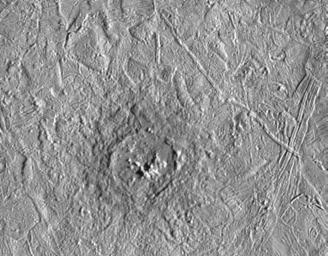 Pwyll crater on Jupiter's moon, Europa, was photographed by the Solid State Imaging system on NASA's Galileo spacecraft during its sixth orbit around Jupiter.