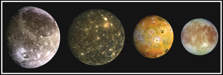 This composite portait includes the four largest moons of Jupiter which are known as the Galilean satellites. From left to
right, the moons shown are Ganymede, Callisto, Io, and Europa.