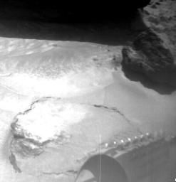 This image was taken by a camera aboard NASA's Sojourner rover on July 8, 1997. The large rock 'Yogi' can be seen at the upper right portion of this image on Mars.