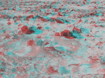 This area of rocky terrain near the Sagan Memorial Station was taken by NASA's Mars Pathfinder. 3D glasses are necessary to identify surface detail. 