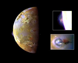 This color image, acquired during NASA's Galileo's ninth orbit around Jupiter, shows two volcanic plumes on Io. One plume was captured on the bright limb or edge of the moon, erupting over a caldera (volcanic depression) named Pillan Patera.