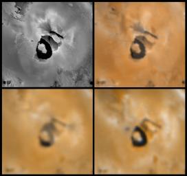 Four views of the volcano Loki Patera on Jupiter's moon Io showing changes seen on June 27th, 1996 by NASA's Galileo spacecraft as compared to views seen by the Voyager spacecraft during the 1979 flybys.