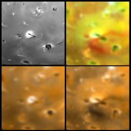 Four views of Euboea Fluctus on Jupiter's moon Io showing changes seen on June 27th, 1996 by NASA's Galileo spacecraft as compared to views seen by the Voyager spacecraft during the 1979 flybys.