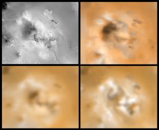 Four views of an unnamed volcanic center (latitude 11, longitude 337) on Jupiter's moon Io showing changes seen on
June 27th, 1996 by NASA's Galileo spacecraft as compared to views seen by the Voyager spacecraft during the 1979 flybys.