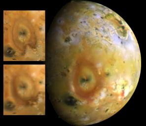 Jupiter's moon Io with Pele prominently in view. The inset images are from NASA's Voyager 1. The Galileo image was
obtained by the imaging system on board the spacecraft in June, 1996.
