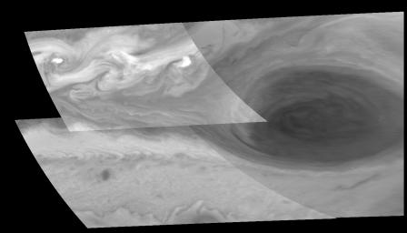 Turbulent region west of Jupiter's Great Red Spot. This four image mosaic shows the Great Red Spot on Jupiter's eastern edge or limb as seen by NASA's Galileo orbiter d on June 26, 1996.