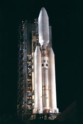 This image from 1997 is of the Titan IVB/Centaur carrying NASA's Cassini spacecraft at Launch Complex 40 on Cape Canaveral Air Station, the Mobile Service Tower has been retracted away.