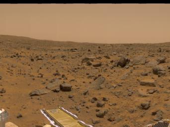 This portion of the 360-degree gallery panorama shows NASA's Mars Pathfinder's forward ramp at center. The rocks 'Wedge,' 'Shark,' 'Flat Top,' and 'Half-Dome' are at right.