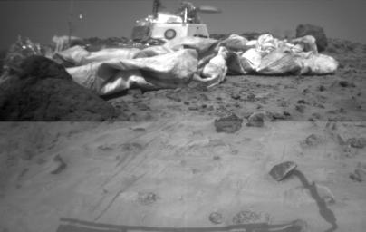 One of the two forward cameras aboard NASA's Sojourner rover took this image of the Sagan Memorial Station on Sol 26. The angular resolution of the camera is about three milliradians per pixel, which is why the image appears grainy.