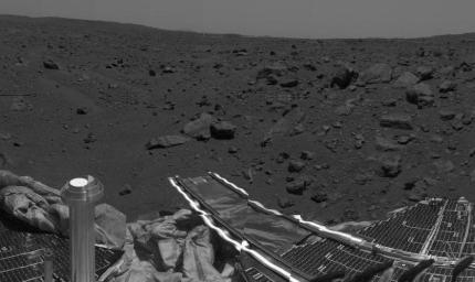 This image shows the area where NASA's Sojourner rover is currently exploring. Having just investigated the Mermaid Dune, at left center, the rover is now heading toward the assemblage of large rocks at right. Sol 1 began on July 4, 1997.