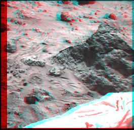 The 'Mini Matterhorn' is a 3/4 meter rock immediately east-southeast of NASA's Mars Pathfinder lander. 3D glasses are necessary to identify surface detail. 